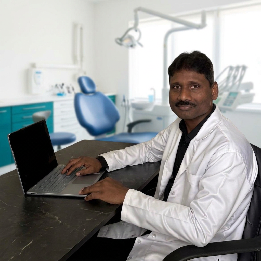 Dr. Raj Kumar, Oral Medicine and Radiology specialist, at his consultation desk